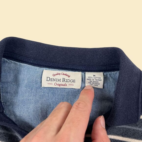 90s M polo striped shirt, vintage blue/grey short sleeve henley/polo Denim Ridge - Picture 4 of 10